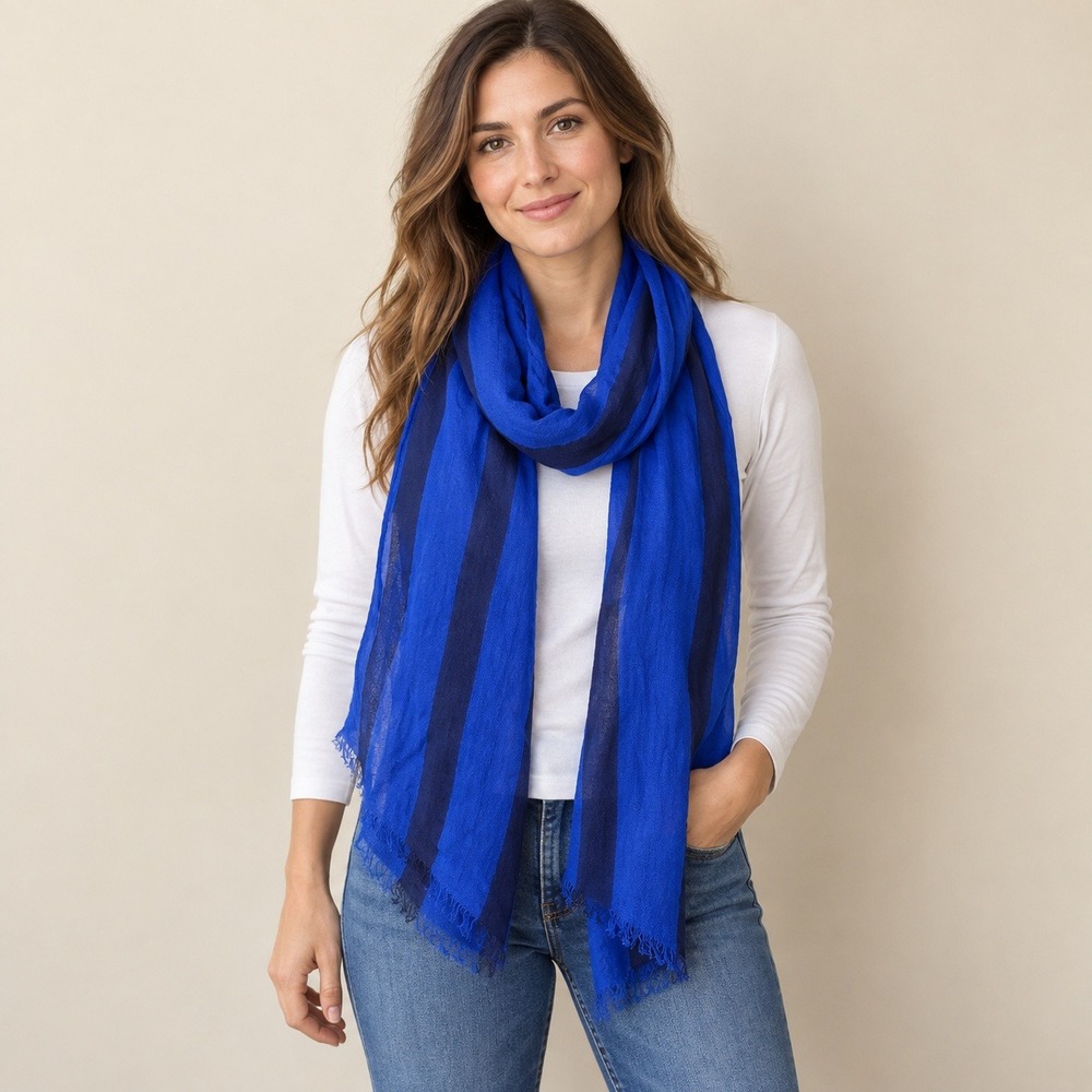 Habitat Scarf Womens Royal Blue Navy Stripe Linen Blend Fringe‎ Coastal
